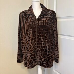 Vintage Adolfo Exclusive Brown Velvet Velour Geometric Grid Zip Up Jacket XL